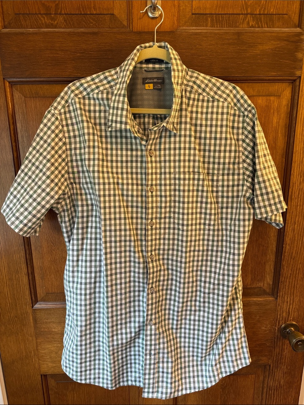 Eddie Bauer Green and White Gingham Short-Sleeve Button-Down Shirt